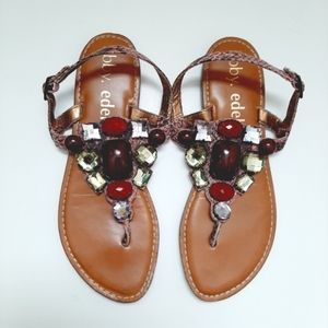 🍒 LIBBY EDELMAN Gertie Snakeskin Jeweled Pink Thong Sandals Sz 8.5 M